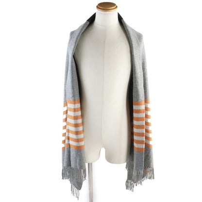 Hermes 100% Cashmere Leather Tag Fringed Blanket Extra Large Scarf Greyish