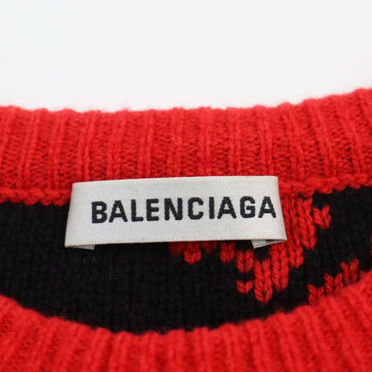 Balenciaga 2018 542601 Logo Jacquard Long Sleeve Knit Sweater Red Black S Made