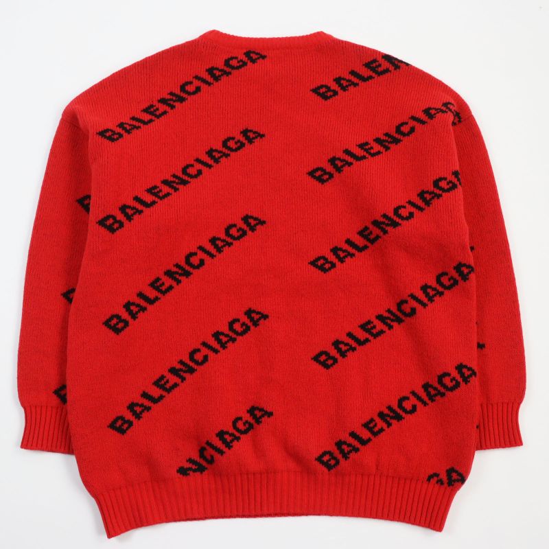 Balenciaga 2018 542601 Logo Jacquard Long Sleeve Knit Sweater Red Black S Made