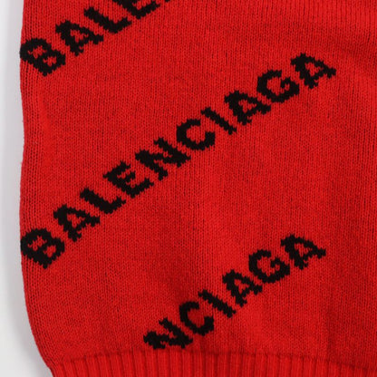 Balenciaga 2018 542601 Logo Jacquard Long Sleeve Knit Sweater Red Black S Made