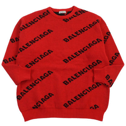 Balenciaga 2018 542601 Logo Jacquard Long Sleeve Knit Sweater Red Black S Made