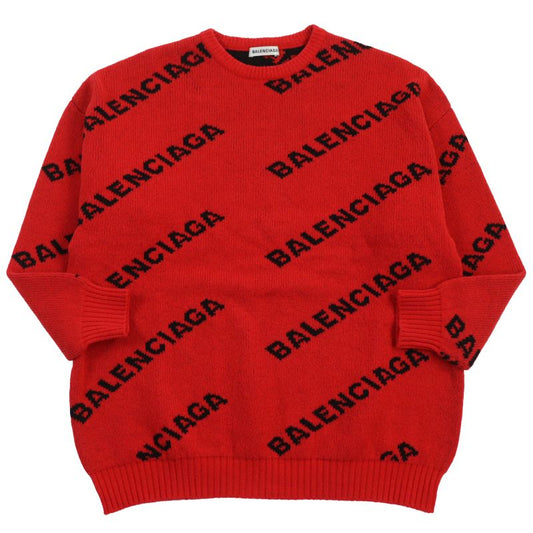 Balenciaga 2018 542601 Logo Jacquard Long Sleeve Knit Sweater Red Black S Made