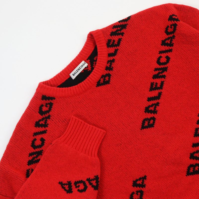 Balenciaga 2018 542601 Logo Jacquard Long Sleeve Knit Sweater Red Black S Made