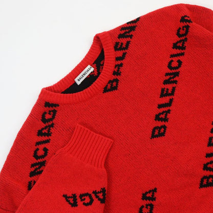Balenciaga 2018 542601 Logo Jacquard Long Sleeve Knit Sweater Red Black S Made