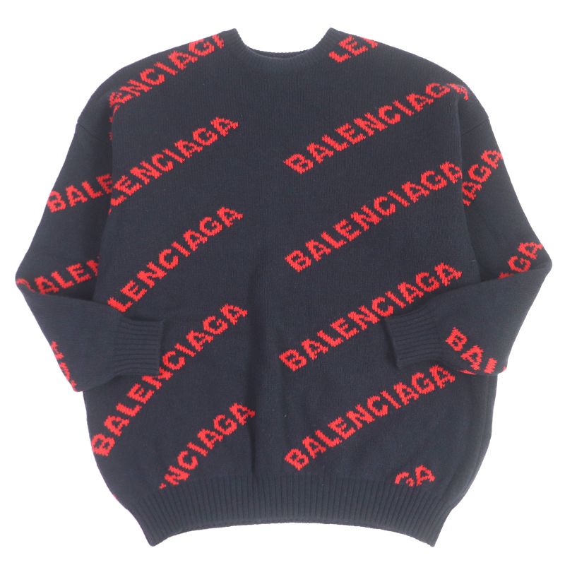 Balenciaga 2018 555279 Wool Jacquard Logo Long Sleeve Knit Sweater Navy XS