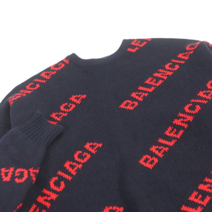 Balenciaga 2018 555279 Wool Jacquard Logo Long Sleeve Knit Sweater Navy XS