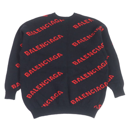 Balenciaga 2018 555279 Wool Jacquard Logo Long Sleeve Knit Sweater Navy XS