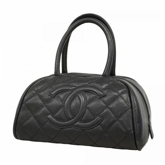 Chanel Handbag Matelasse Caviar Skin Black Silver Hardware Women