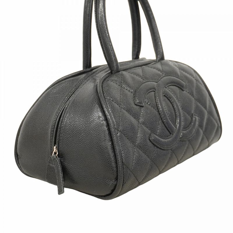 Chanel Handbag Matelasse Caviar Skin Black Silver Hardware Women