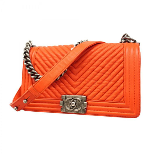 Chanel Shoulder Bag Boy Chanel/v-stitched Lambskin Red Silver Hardware Women