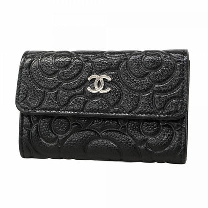 Chanel Card Case Camellia Caviar Skin Black Silver Hardware Women