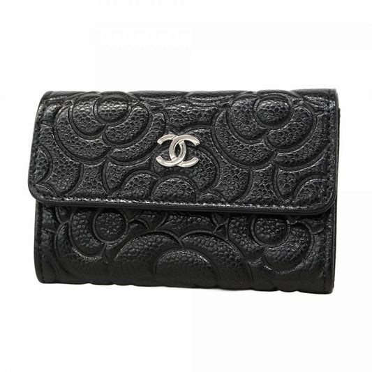 Chanel Card Case Camellia Caviar Skin Black Silver Hardware Women