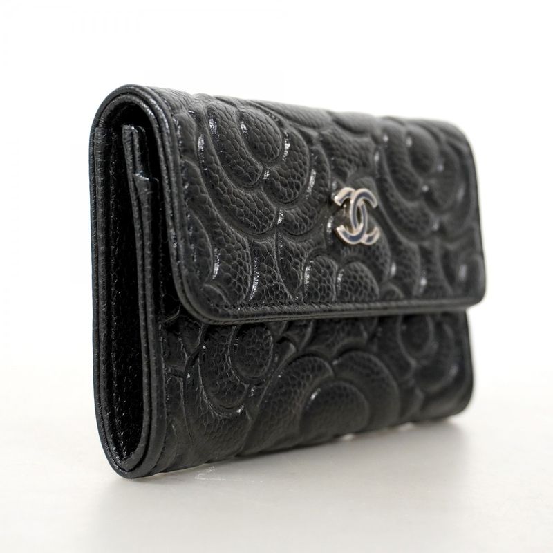 Chanel Card Case Camellia Caviar Skin Black Silver Hardware Women