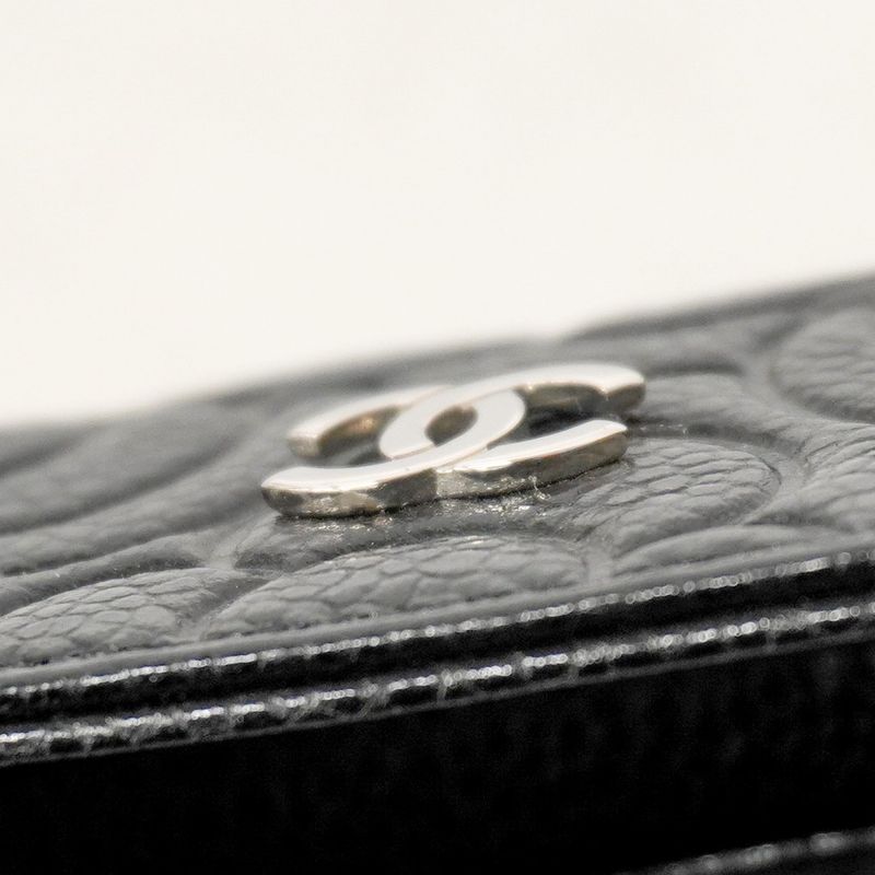 Chanel Card Case Camellia Caviar Skin Black Silver Hardware Women