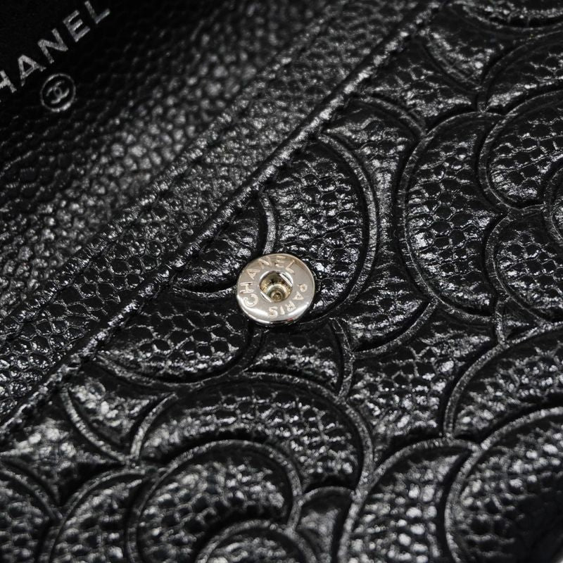 Chanel Card Case Camellia Caviar Skin Black Silver Hardware Women