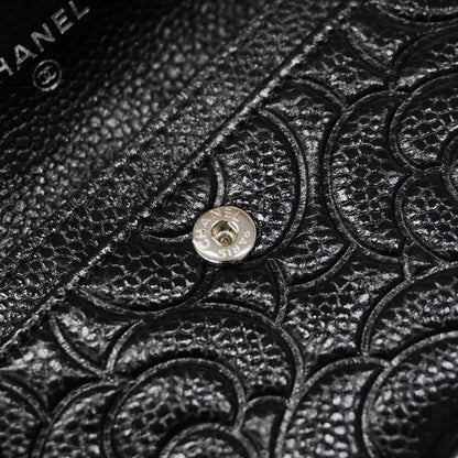 Chanel Card Case Camellia Caviar Skin Black Silver Hardware Women
