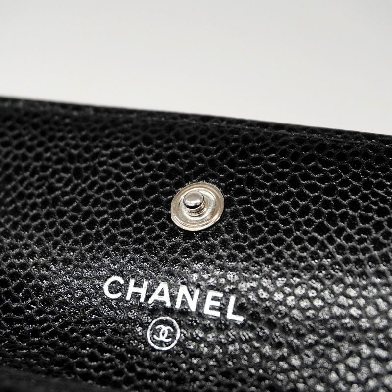 Chanel Card Case Camellia Caviar Skin Black Silver Hardware Women