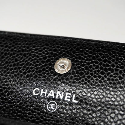 Chanel Card Case Camellia Caviar Skin Black Silver Hardware Women