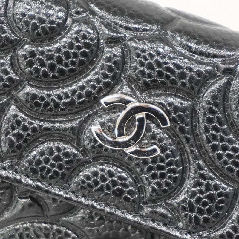 Chanel Card Case Camellia Caviar Skin Black Silver Hardware Women