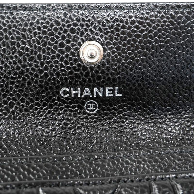 Chanel Card Case Camellia Caviar Skin Black Silver Hardware Women