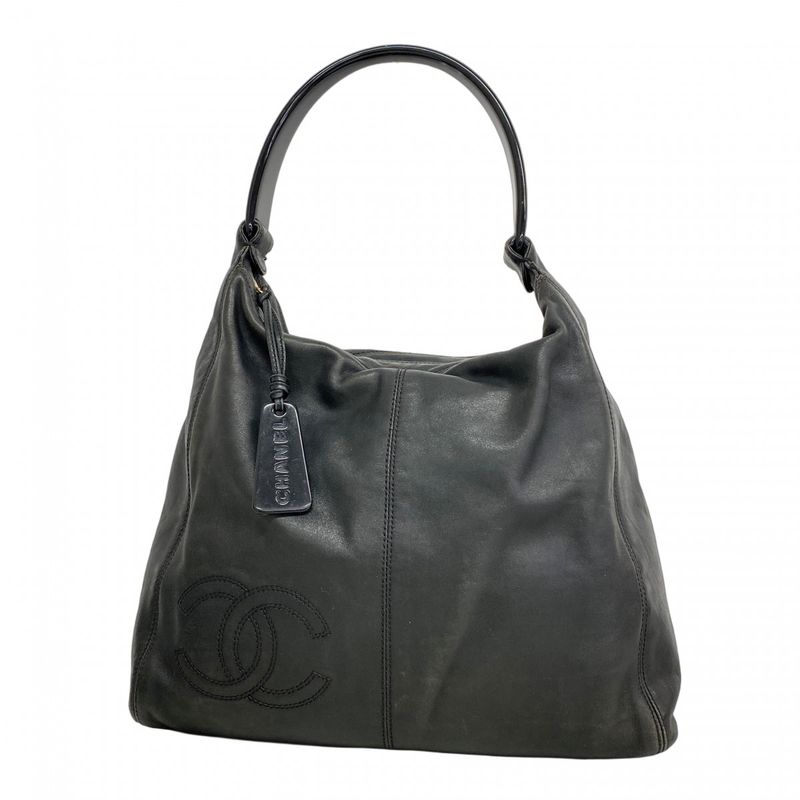 Chanel Shoulder Bag Leather Black Gold Hardware Women