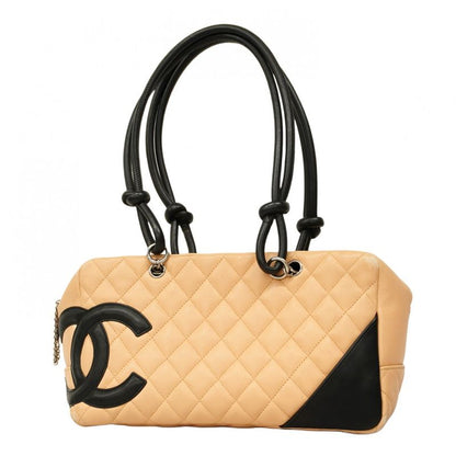 Chanel Shoulder Bag Cambon Lambskin Beige Black Silver Hardware Women