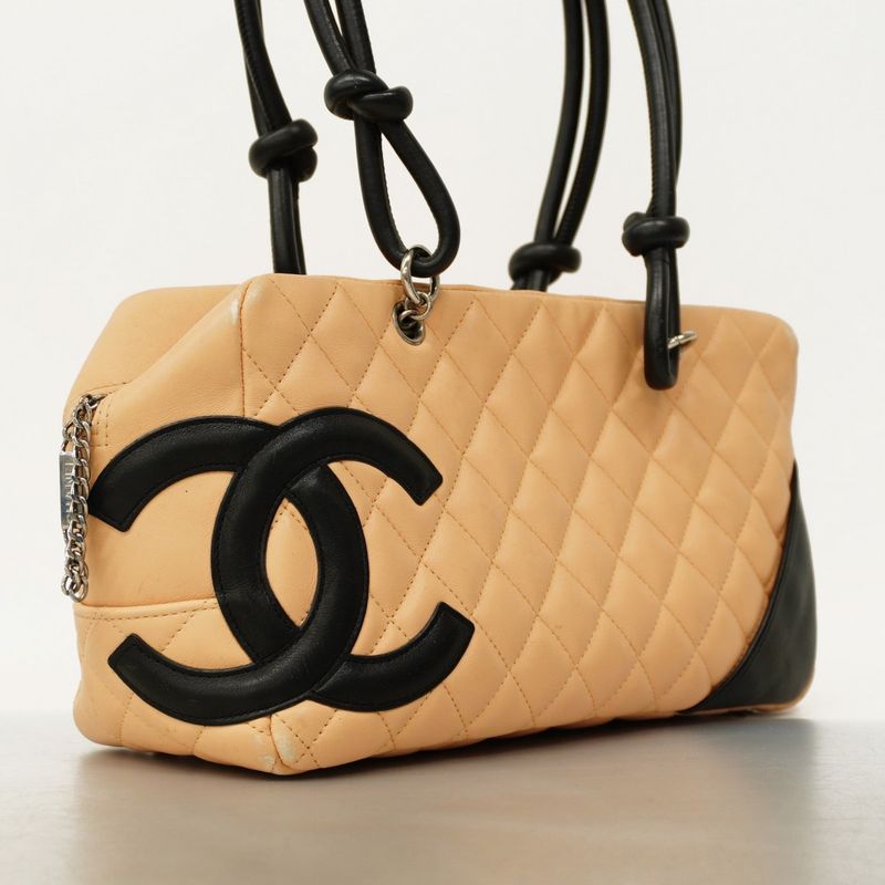 Chanel Shoulder Bag Cambon Lambskin Beige Black Silver Hardware Women