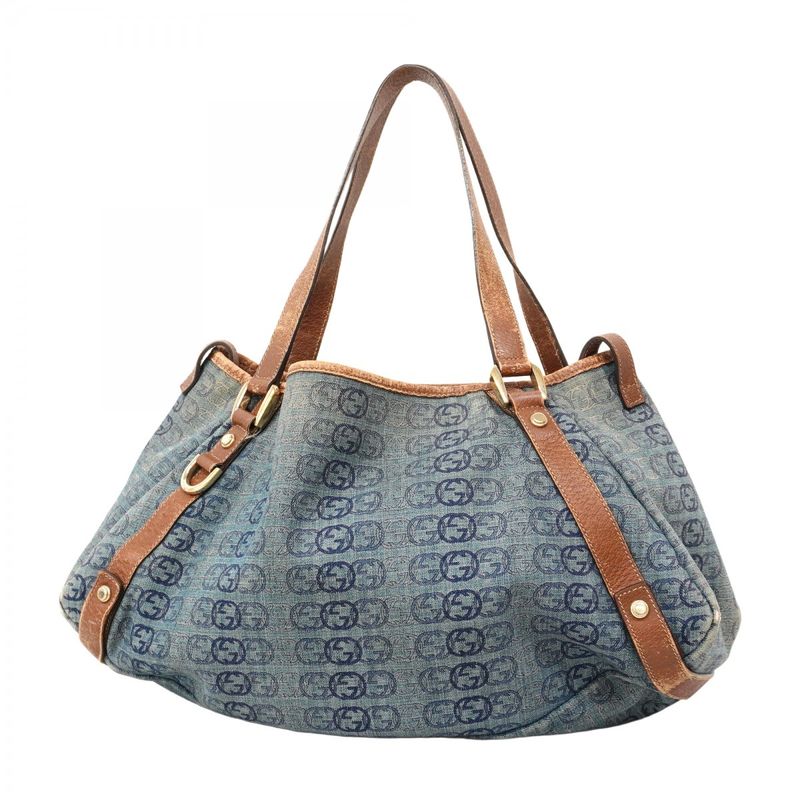 Gucci Tote Bag Abby 130736 Denim Blue Brown Chien Pan Gold Hardware Women's