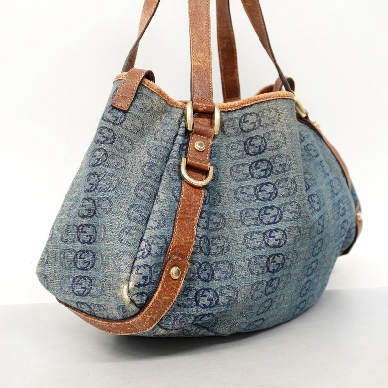 Gucci Tote Bag Abby 130736 Denim Blue Brown Chien Pan Gold Hardware Women's