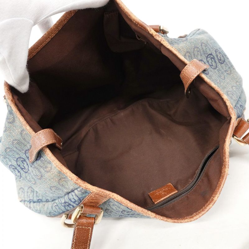 Gucci Tote Bag Abby 130736 Denim Blue Brown Chien Pan Gold Hardware Women's