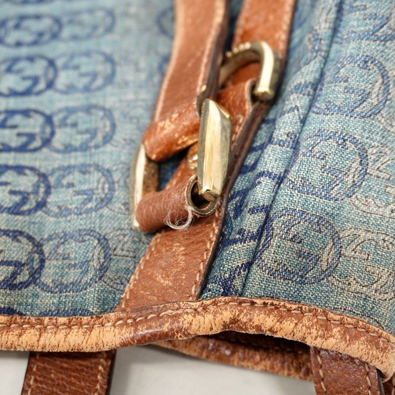 Gucci Tote Bag Abby 130736 Denim Blue Brown Chien Pan Gold Hardware Women's