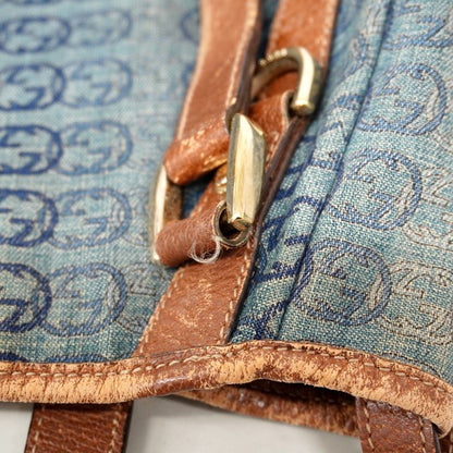 Gucci Tote Bag Abby 130736 Denim Blue Brown Chien Pan Gold Hardware Women's