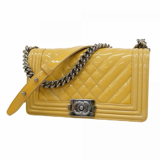 Chanel Shoulder Bag Boy Chanel/v-stitch Patent Leather Yellow Silver Hardware