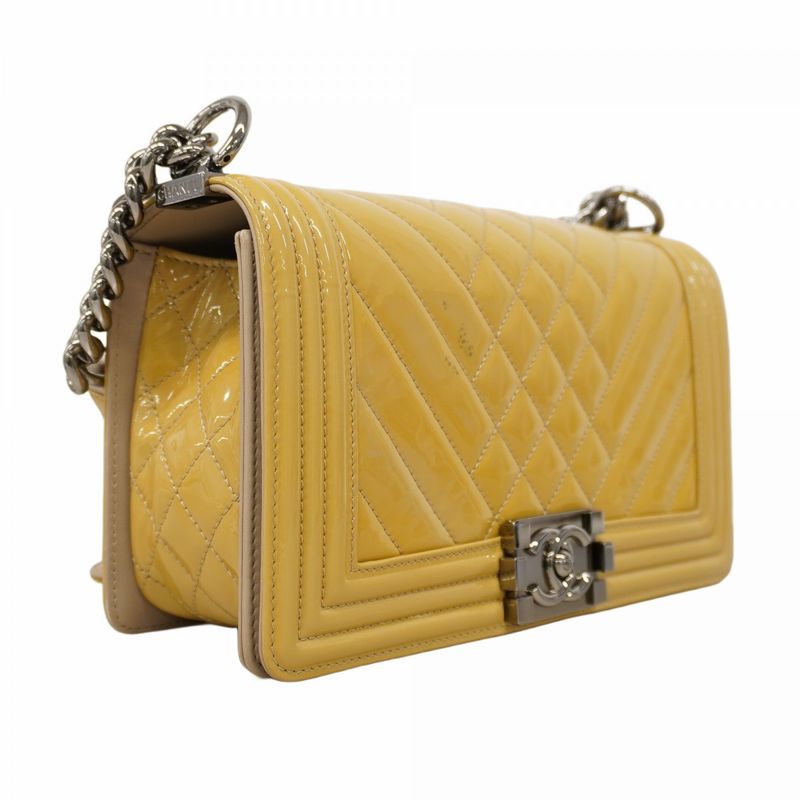 Chanel Shoulder Bag Boy Chanel/v-stitch Patent Leather Yellow Silver Hardware