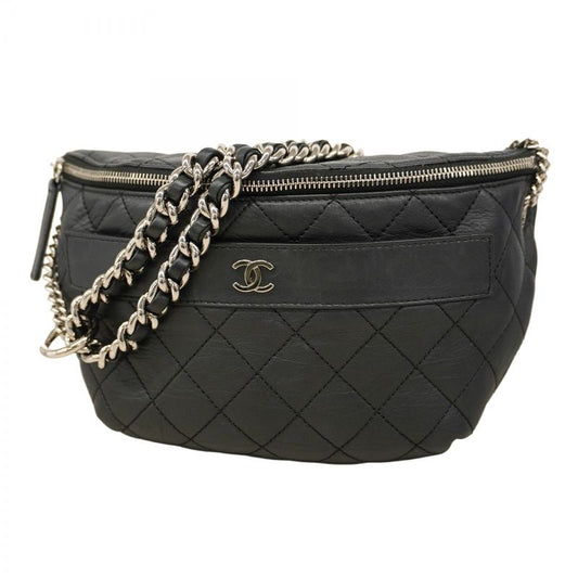 Chanel Waist Bag Matelasse Leather Black Silver Hardware Women
