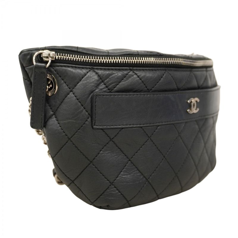 Chanel Waist Bag Matelasse Leather Black Silver Hardware Women