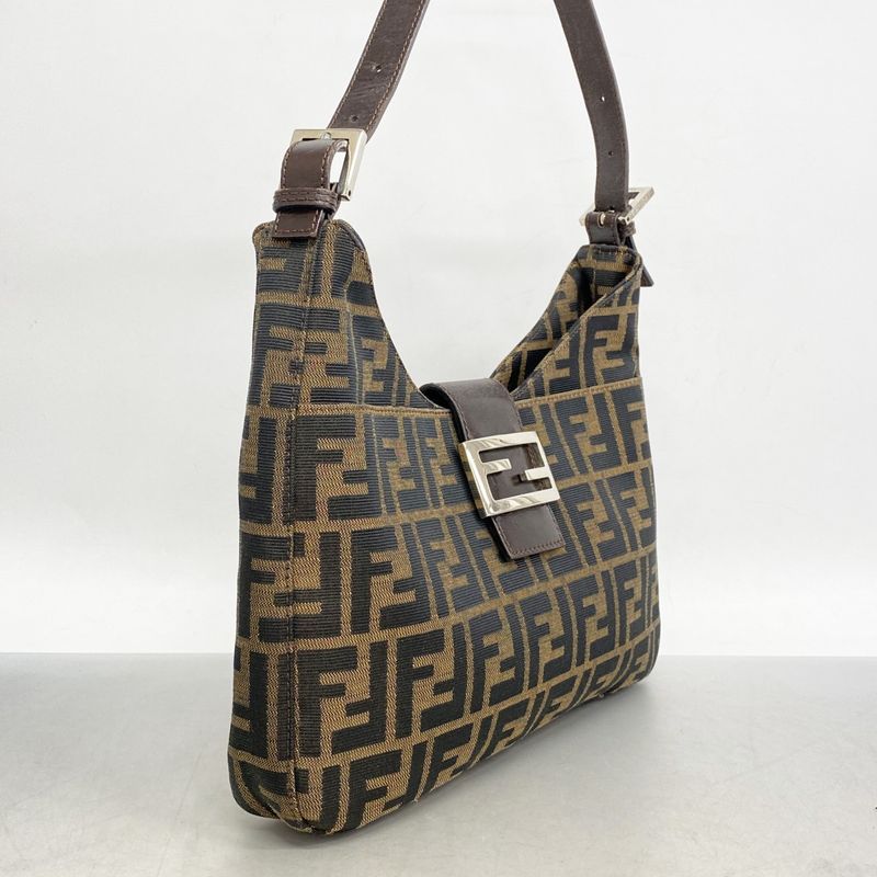 Fendi Shoulder Bag Zucca Nylon Canvas Brown Silver Hardware Women