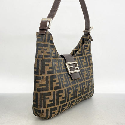 Fendi Shoulder Bag Zucca Nylon Canvas Brown Silver Hardware Women