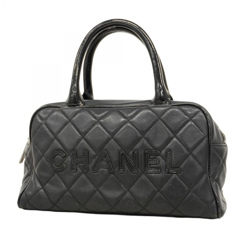 Chanel Handbag Matelasse Caviar Skin Black Silver Hardware Women