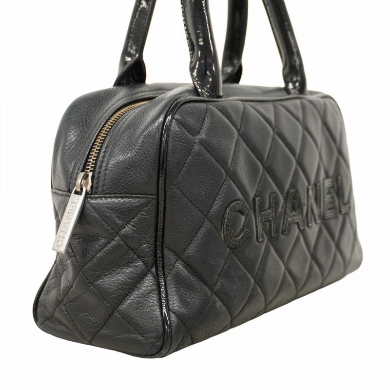 Chanel Handbag Matelasse Caviar Skin Black Silver Hardware Women