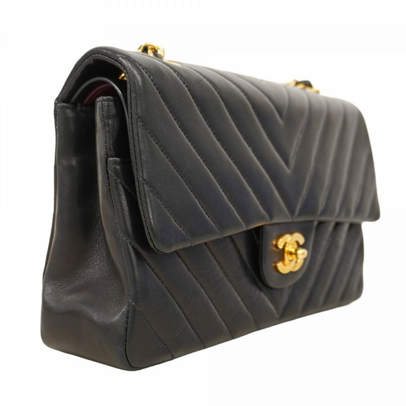 Chanel Shoulder Bag V-stitched Lambskin Black Gold Hardware Women