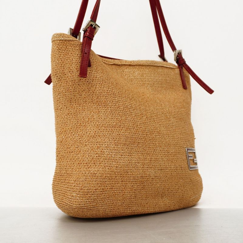 Fendi Tote Bag Raffia Beige Bordeaux Silver Hardware Women