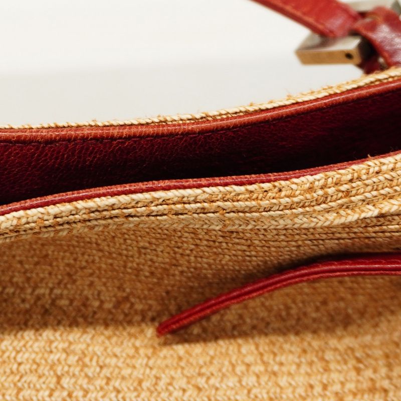 Fendi Tote Bag Raffia Beige Bordeaux Silver Hardware Women