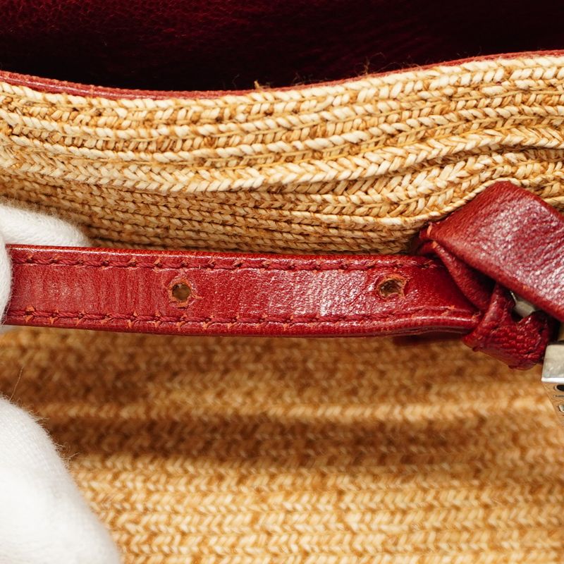 Fendi Tote Bag Raffia Beige Bordeaux Silver Hardware Women