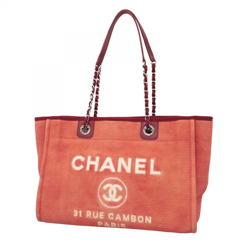 Chanel Shoulder Bag Deauville Canvas Red Silver Hardware Women