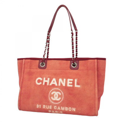 Chanel Shoulder Bag Deauville Canvas Red Silver Hardware Women