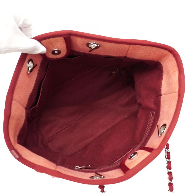 Chanel Shoulder Bag Deauville Canvas Red Silver Hardware Women