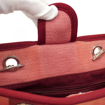 Chanel Shoulder Bag Deauville Canvas Red Silver Hardware Women