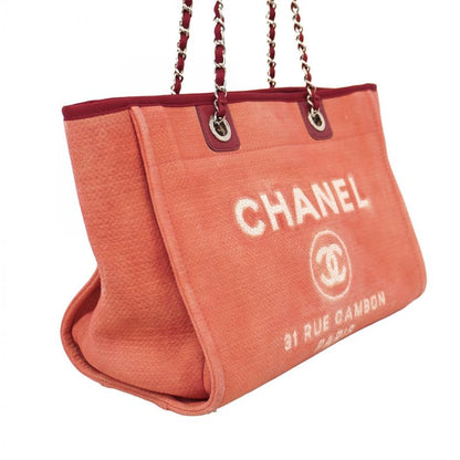 Chanel Shoulder Bag Deauville Canvas Red Silver Hardware Women