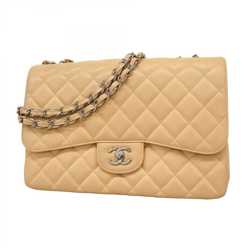 Chanel Shoulder Bag Deca Matelasse Caviar Skin Beige Silver Hardware Women